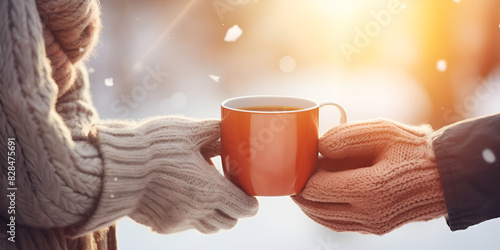 person holding cup of tea, Two hands holding coffee cups in front of the fireplace 