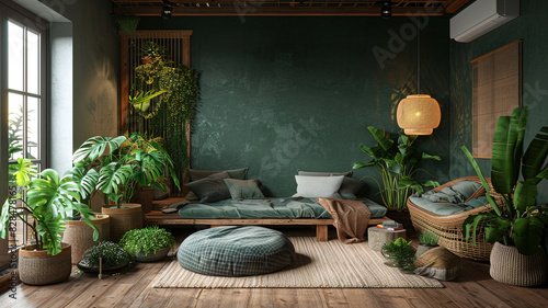 Stylish loft bedroom including plants, a dark green wall, wood, and rattan seating.
