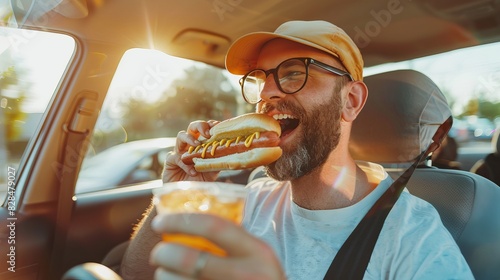 Man is operating a car while eating a hot dog and a cold beverage in a risky manner.
