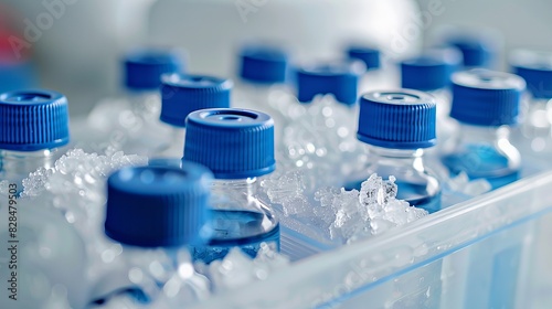 Glass vials with blue screw tops resting on dry ice, ready to be transported in a styrofoam container that looks professional. Selected focus.