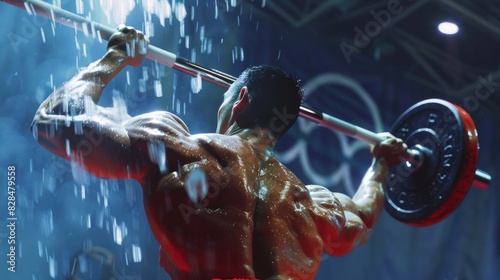Intense Weightlifting Training: Muscular Man Lifting Barbell Overhead with Rain and Dramatic Lighting