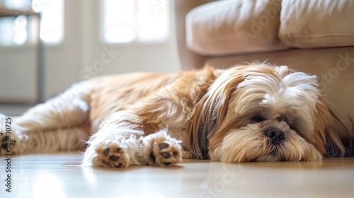 A Shih Tzu dog fluffy and sleepy is lounging on the home floor