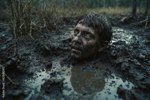 A man is in a muddy hole with his head sticking out of the mud