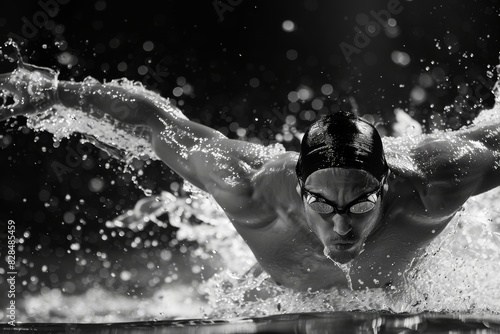Intense Swimmer Executing Powerful Butterfly Stroke in Black and White - Perfect for Sports Poster or Coaching Materials