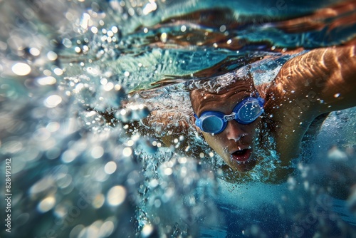 Underwater View of Swimmer in Motion During Freestyle Race with Bubbles and Goggles - Perfect for Sports Photography and Athletic Themes