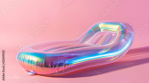 inflatable blow up iridescent pool chaise lounger chair isolated on plain pink studio background