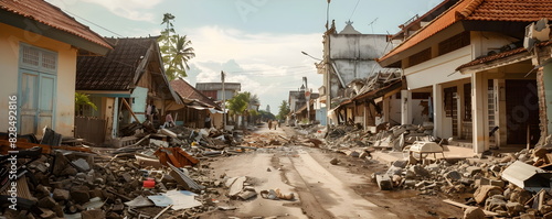 The consequences of the earthquake, destroyed buildings, streets littered with debris, devastation all around.
