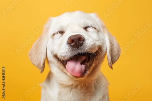 In a studio photo, a friendly golden retriever dog is captured pulling a funny face, radiating charm and playfulness. This portrait perfectly captures the lovable and humorous nature of the dog. 