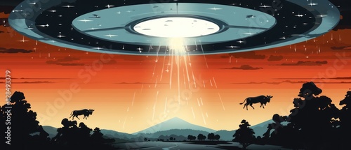 UFO illustration. Alien Abduction. UFO. UFO with elevate beam in forest. Abduction by UFO colorful poster.