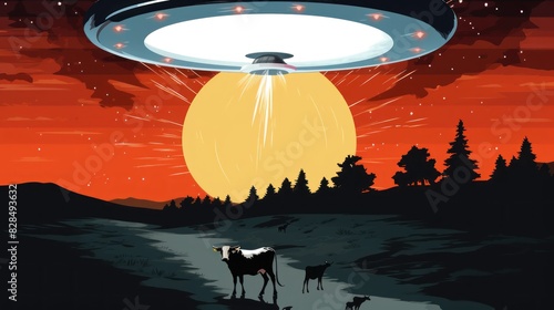 UFO illustration. Alien Abduction. UFO. UFO with elevate beam in forest. Abduction by UFO colorful poster.