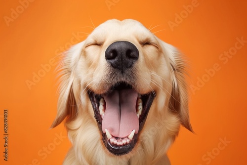 In a studio photo, a friendly golden retriever dog is captured pulling a funny face, radiating charm and playfulness. This portrait perfectly captures the lovable and humorous nature of the dog. 