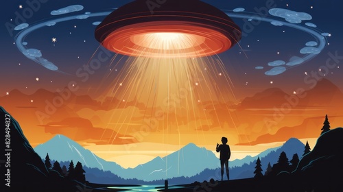 UFO illustration. Alien Abduction. UFO. UFO with elevate beam in forest. Abduction by UFO colorful poster.