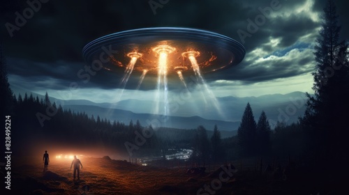 UFO illustration. Alien Abduction. UFO. UFO with elevate beam in forest. Abduction by UFO colorful poster.