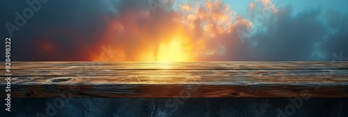A painting depicting a vibrant sunset over a ocean or lake, with the sky filled with warm colors reflecting on the water below