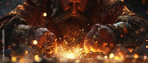 Close-up of a blacksmith forging metal with blazing sparks flying in a dimly lit workshop, radiating warmth and craftsmanship.