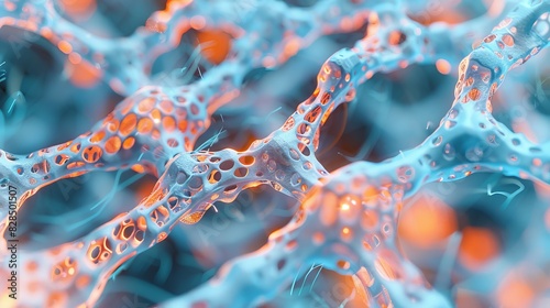 Close-up view of abstract cellular structures in vibrant blue and orange colors, representing a network of interconnected organic patterns.