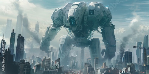 A colossal robot wreaking havoc in the futuristic city, its towering presence causing urban destruction. 🤖🏙️ #FuturisticMayhem