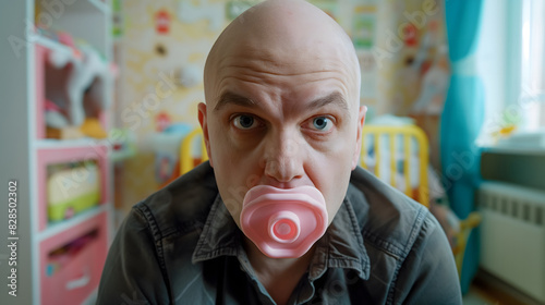 Adult man with a pink binky or pacifier in his mouth - concept of immaturity or living with parents