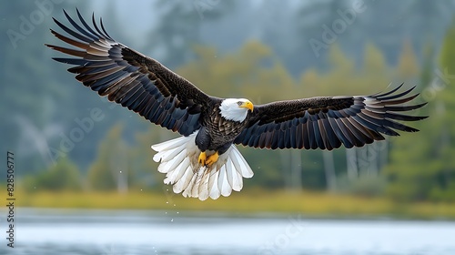 A majestic bald eagle spreads its wings wide against a soft, natural background as it prepares to land, showcasing the beauty and power of wildlife in motion. 