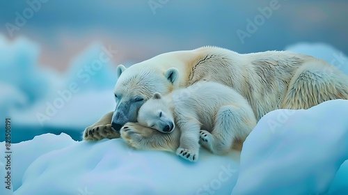 A tranquil scene of a mother polar bear and her cub cuddling as they sleep on a snowy drift against a soft blue icy background. 
