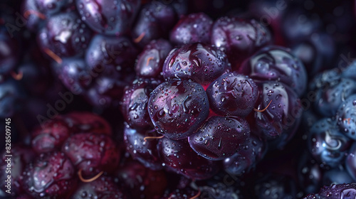 A detailed image of a blackberry cluster, focusing on the shiny, plump drupes and their dark purple color.