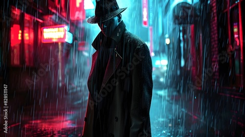 A shadowy figure in a trench coat and fedora, standing in a dark alleyway with a cigarette in hand, looking unfazed as rain pours down and neon signs flicker around them. 