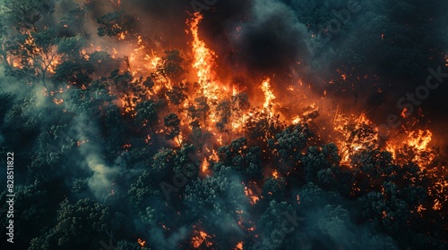 Devastating Aerial View of Forest Fire Consuming Dense Woodland Area