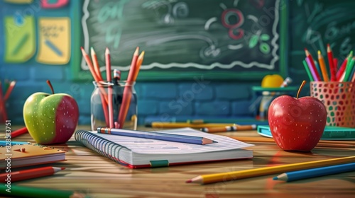 A close-up of school supplies including notebooks, pencils, rulers, and an apple on a desk with a chalkboard in the background cartoon Vector Illustration Generative AI