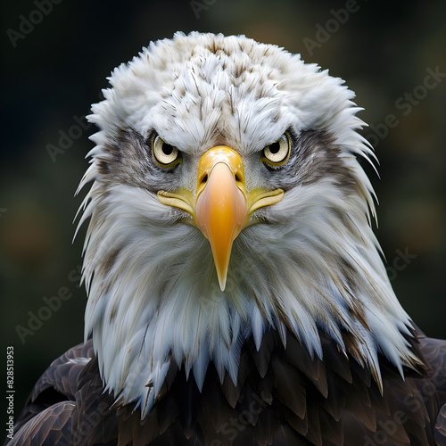 Close up portrait of a bald eagle facing forward, engaging the viewer with its intense gaze