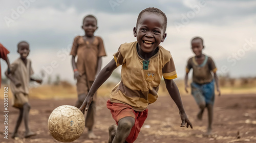 Children's laughter echoing as they play football with a makeshift ball, a moment of joy in a barren field