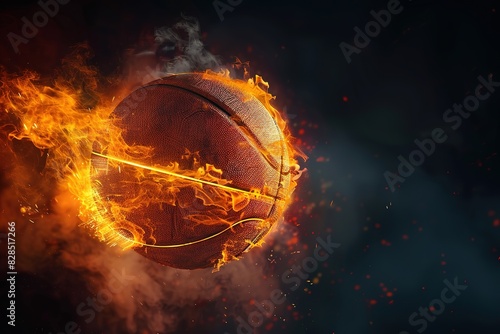 Basket ball on fire on black