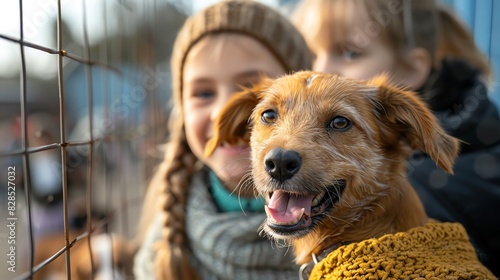 Parents and children volunteering at an animal shelter, walking dogs and caring for animals, everyone involved and compassionate