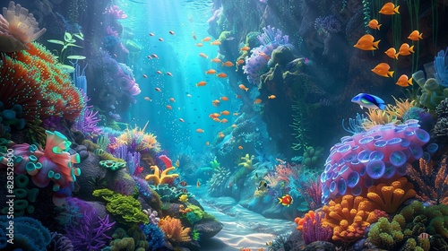 A colorful painting featuring a lively underwater scene with vibrant corals and various fish species swimming around. Generative AI