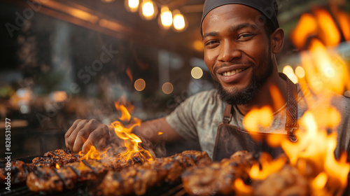 Barbecue concept. Middle aged hispanic man in apron for barbecue. Roasting and grilling food. Roasting meat outdoors. Barbecue and grill. Cooking mea