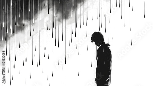 A man is standing in the rain, looking up at the sky. The rain is falling in a continuous stream, creating a sense of sadness and loneliness