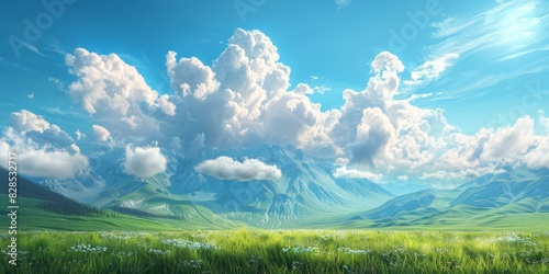 Green rolling hills and mountains under a blue sky and white clouds
