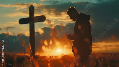 Christian Man Praying in Front of Cross - Religious Male with Belief to God 
