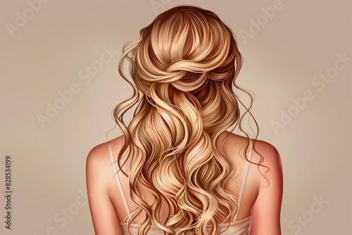 back view of young woman with long blonde hair beauty and fashion illustration