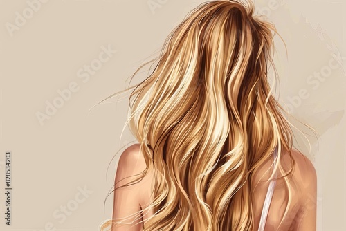 back view of young woman with long blonde hair beauty and fashion illustration