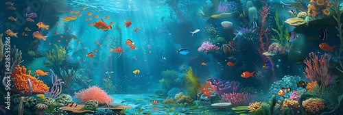 A painting depicting a colorful underwater world with diverse corals and swimming fish. Generative AI