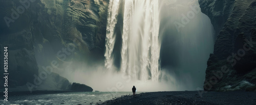 the waterfall in Iceland, the tall waterfall has to be seen from very far away. A man stands at its base looking up into the endless expanse of black sky above him