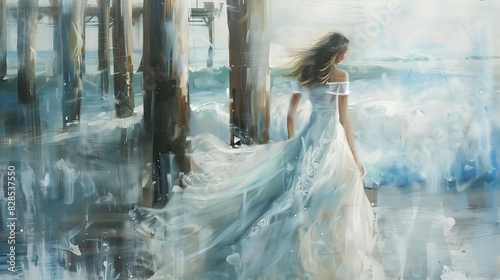 Depict a woman in a flowing maxi skirt, walking near a pier. Capture the movement and sea breeze.