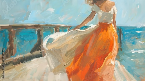 Depict a woman in a flowing maxi skirt, walking near a pier. Capture the movement and sea breeze.