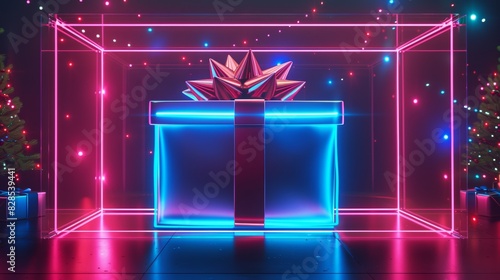 A finance tech ecommerce podium with blue and red neon lights gift box inside a transparent gift box, in the style of an abstract artist, octane render, cinema4d 