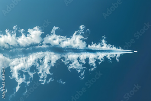 A blue sky dotted with cloud waves, a plane trails contrails against the backdrop