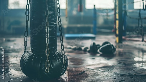 A boxing heavy bag on a chain, with a few scattered boxing gloves and wraps in the background, representing the essential equipment required for improving power and endurance.