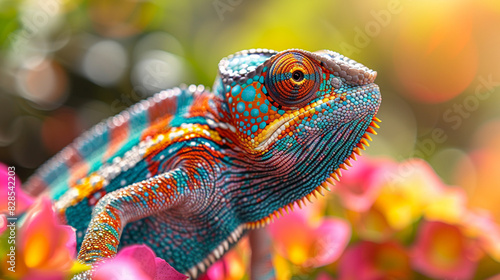 Extreme close-up of a colorful lizard's head with bulging eyes, possibly a chameleon known for its camouflage abilities