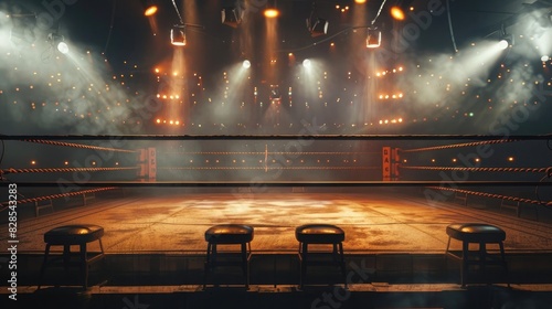 A boxing ring at night, with the ropes and corner stools illuminated by spotlights, capturing the intensity and excitement of a late-night match.