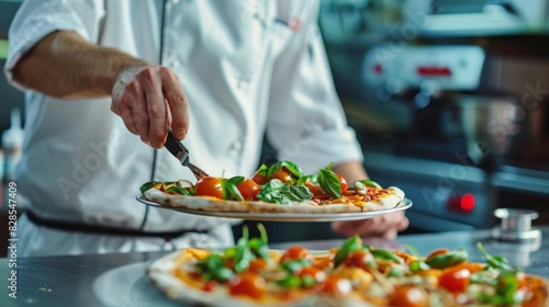 A close-up of a professional chef preparing pizza in a modern kitchen restaurant.