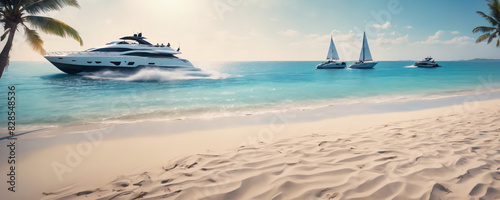Beautiful sand beach with palms and yacht in background. High resolution illustration